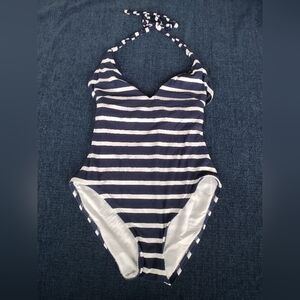 NWT LOFT Beach Striped Plunge One Piece Swimsuit Navy White Stripe XS